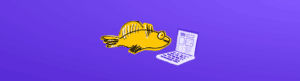 graphic of a yellow fish using a laptop with a purple background