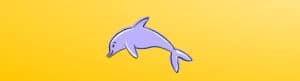 yellow background with an animation of a purple dolphin