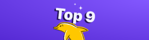 A dolphin swimming past a Top 9 sign