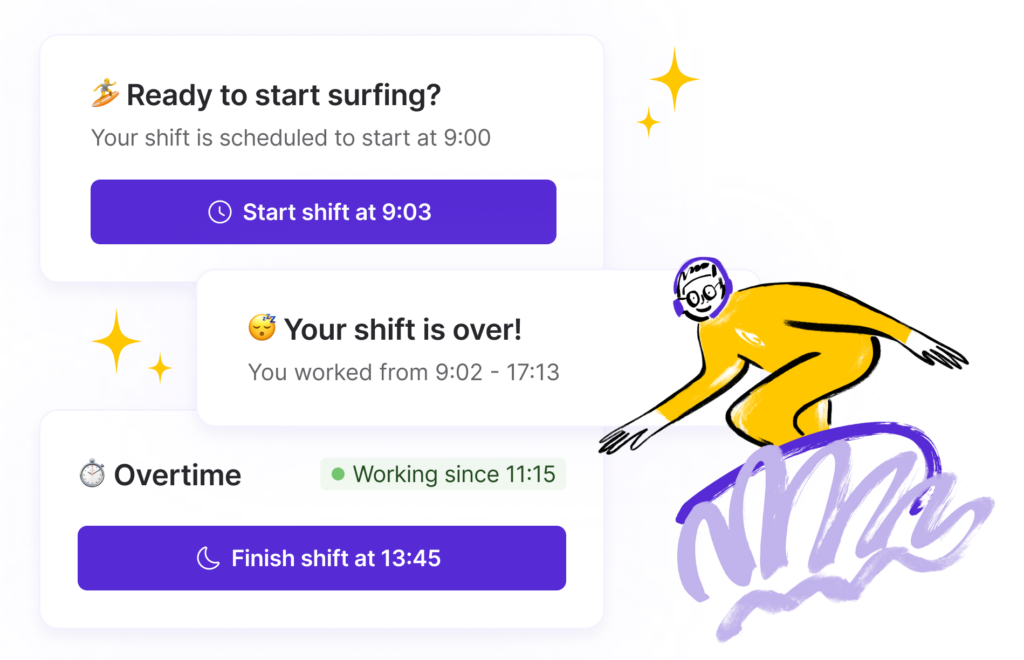 Three modules in Surfboard showing clocking in, overtime reporting and a shift summary