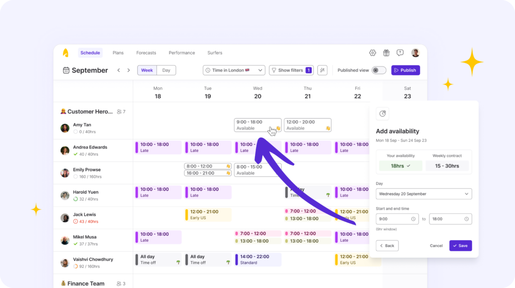 Surfer availability is added directly into the schedule