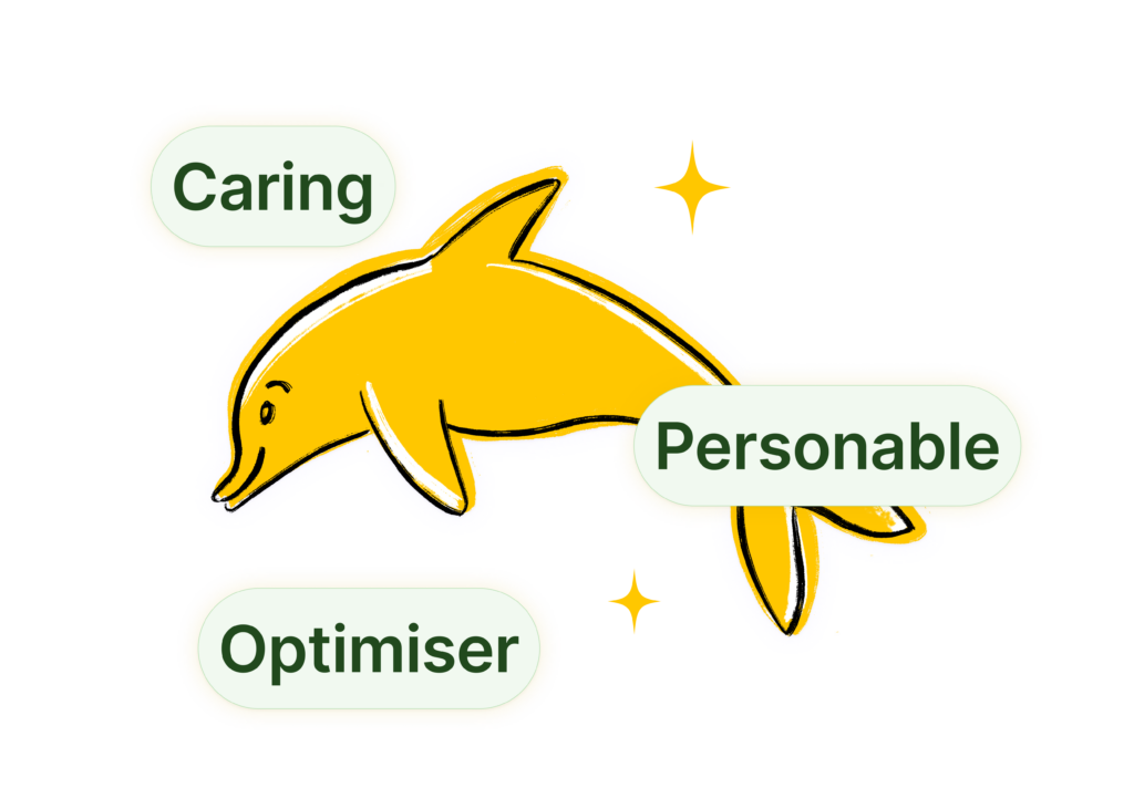 A dolphin with three labels: caring, personable, optimiser