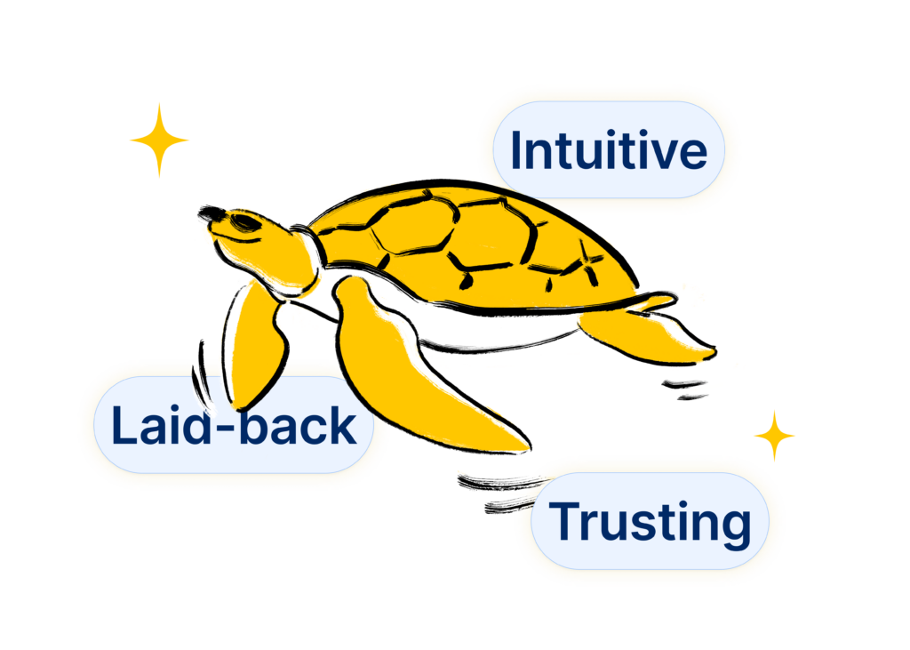A sea turtle wearing sunglasses with three labels: intuitive, laid-back, trusting