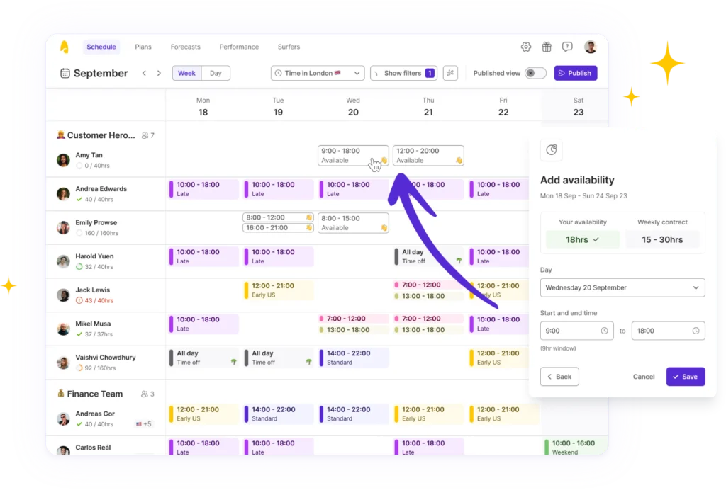 The UI of the Surfboard schedule showing an agent uploading their working availability