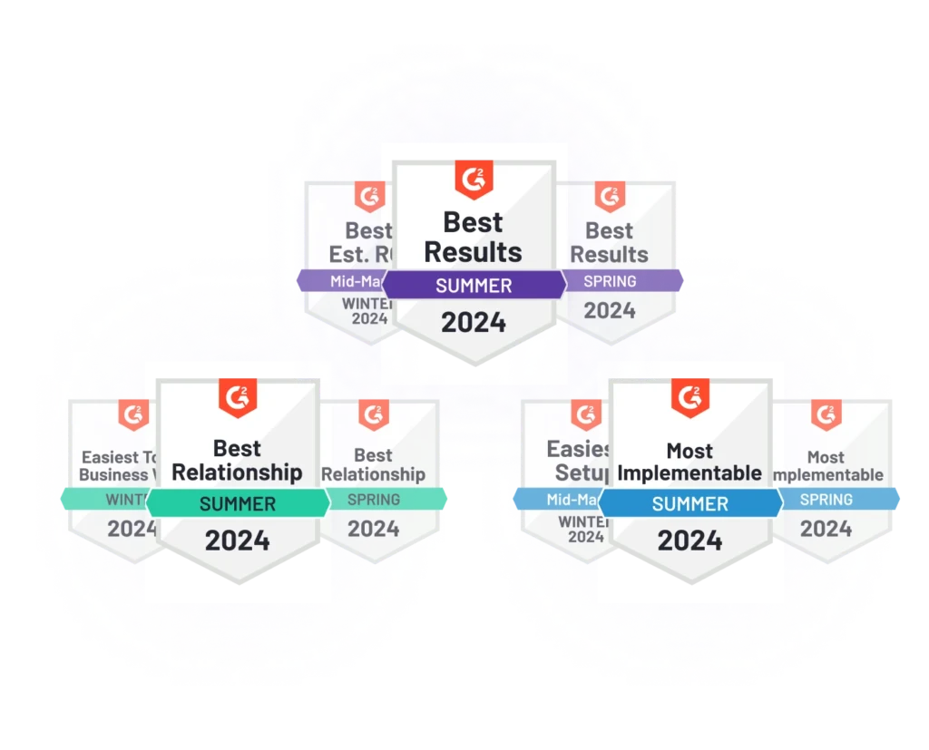 Surfboard's G2 badges for best results, best relationship and most implementable