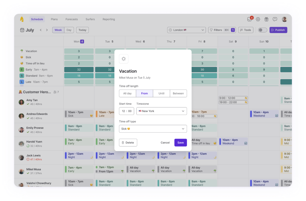 The Surfboard schedule showing a manager refining a time off booking