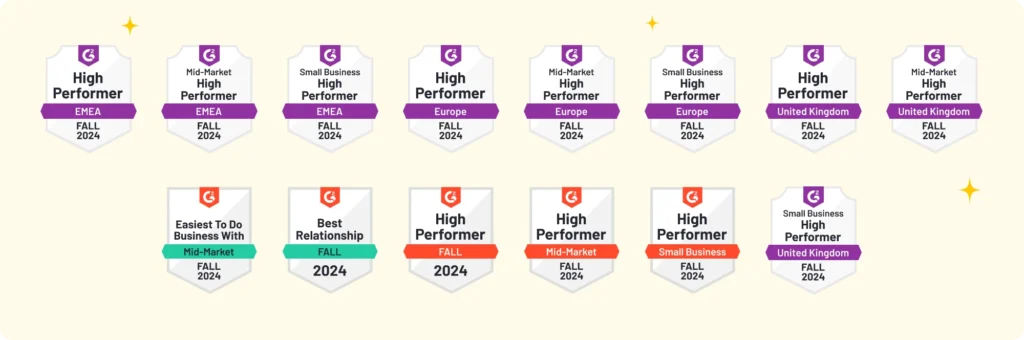 Surfboard's 14 G2 badges in the employee scheduling category