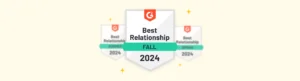 Surfboard's G2 badges for 'best relationship' in the Fall, Summer and Spring 2024 awards